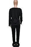 Black Cotton Blend  Sleeve Opening Letter Embroid Loose Tops Trousers  Plain Color Casual Sets BBN209-1