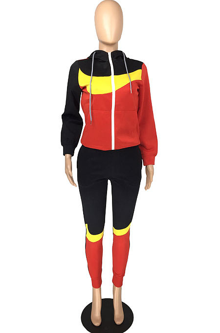 Orange Black Winter Mulitucolor Spliced Long Sleeve Zip Front Hoodie Trousers Sports Sets LMM8290-1