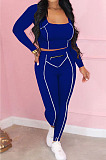 Black Fashion Stripe Spliced Long Sleeve Square Neck Bodycon Tops Pencli Pants Sets MD383-1