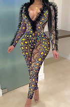 Yellow Sexy Mesh Snakeskin Printing Long Sleeve Deep V Collar See-Through Two-Piece LMM8289-1