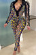 Yellow Sexy Mesh Snakeskin Printing Long Sleeve Deep V Collar See-Through Two-Piece LMM8289-1