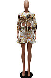 White Autumn Design Printing Three Quarter Sleeve Lapel Neck Shirts Mini Skirts Sets CM2157-1
