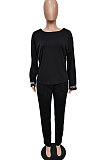 Black Cotton Blend  Sleeve Opening Letter Embroid Loose Tops Trousers  Plain Color Casual Sets BBN209-1