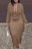 Black New Casual Long Sleeve Deep V Neck Crop Tops Cute Tassel  Hip Skirts Sets S66316-1