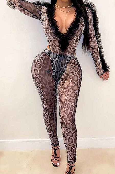 Grey Sexy Mesh Snakeskin Printing Long Sleeve Deep V Collar See-Through Two-Piece LMM8289-3