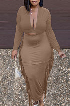 Camel New Casual Long Sleeve Deep V Neck Crop Tops Cute Tassel  Hip Skirts Sets S66316-5
