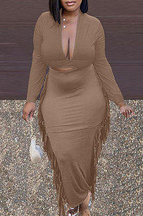 Camel New Casual Long Sleeve Deep V Neck Crop Tops Cute Tassel  Hip Skirts Sets S66316-5