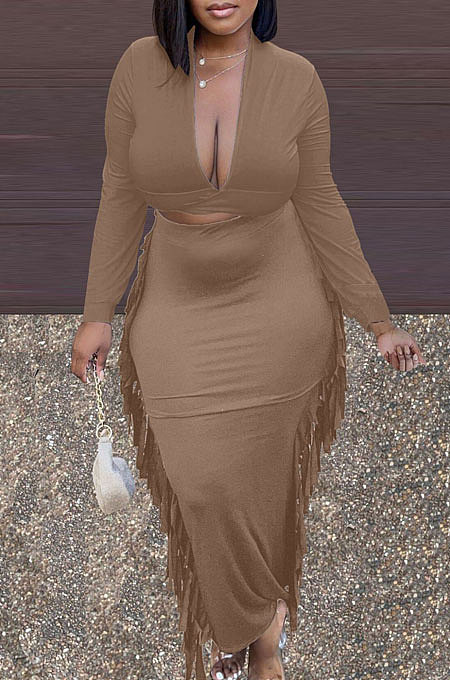 Camel New Casual Long Sleeve Deep V Neck Crop Tops Cute Tassel  Hip Skirts Sets S66316-5