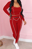 Black Fashion Stripe Spliced Long Sleeve Square Neck Bodycon Tops Pencli Pants Sets MD383-1