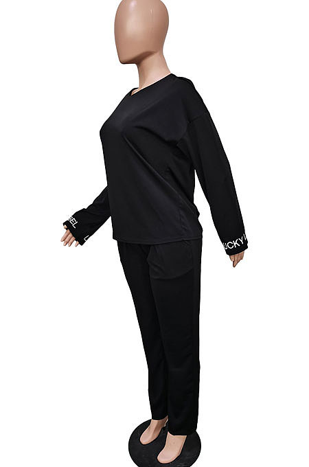 Black Cotton Blend  Sleeve Opening Letter Embroid Loose Tops Trousers  Plain Color Casual Sets BBN209-1