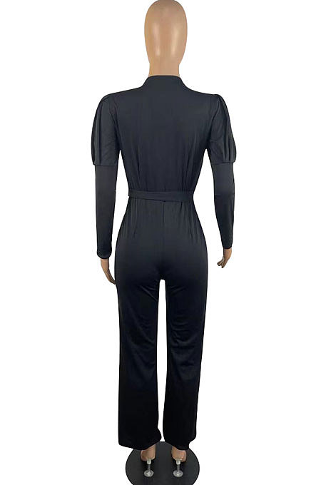 Yellow Wholesale Cotton Blend Pure Color Long Sleeve V Neck Collect Waist Wide Leg Jumpsuits LWW9322-2
