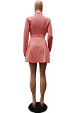Pink Wholesale Long Sleeve Lapel Neck Double-Breasted Collect Waist Plain Color Dress CM2160-3