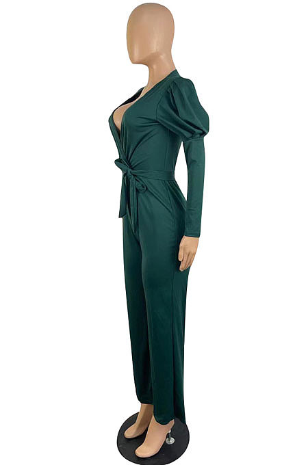 Black Wholesale Cotton Blend Pure Color Long Sleeve V Neck Collect Waist Wide Leg Jumpsuits LWW9322-1
