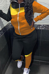 Orange Black Winter Mulitucolor Spliced Long Sleeve Zip Front Hoodie Trousers Sports Sets LMM8290-1