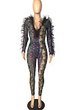 Rose Red Sexy Mesh Snakeskin Printing Long Sleeve Deep V Collar See-Through Two-Piece LMM8289-2