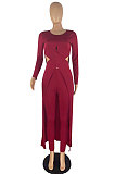 Red Modest New Women Long Sleeve Round Neck Cross Hollow Out Cape Tops Bodycon Trousers Solid Color Sets LWW9323-2