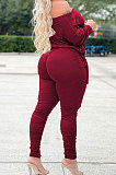 Army Green Wholesale Casual Long Sleeve Oblique Shoulder Loose Tops High Waist Ruffle Bodycon Pants Solid Color Sets QSS51051-1
