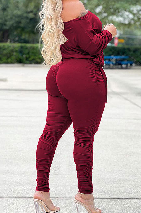 Army Green Wholesale Casual Long Sleeve Oblique Shoulder Loose Tops High Waist Ruffle Bodycon Pants Solid Color Sets QSS51051-1