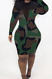 Leopard Print Mesh See-Through Spliced Long Sleeve Collect Waist Bodycon Dress LMM8284-1