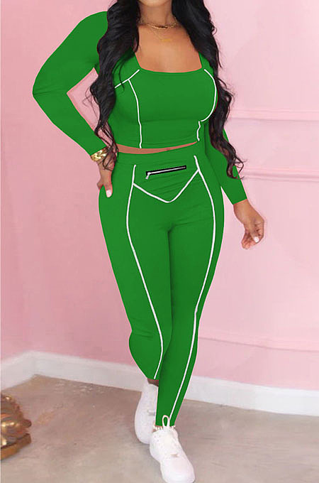 Grey Fashion Stripe Spliced Long Sleeve Square Neck Bodycon Tops Pencli Pants Sets MD383-5