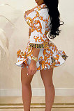 White Autumn Design Printing Three Quarter Sleeve Lapel Neck Shirts Mini Skirts Sets CM2157-1