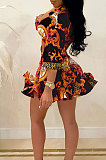 White Autumn Design Printing Three Quarter Sleeve Lapel Neck Shirts Mini Skirts Sets CM2157-1