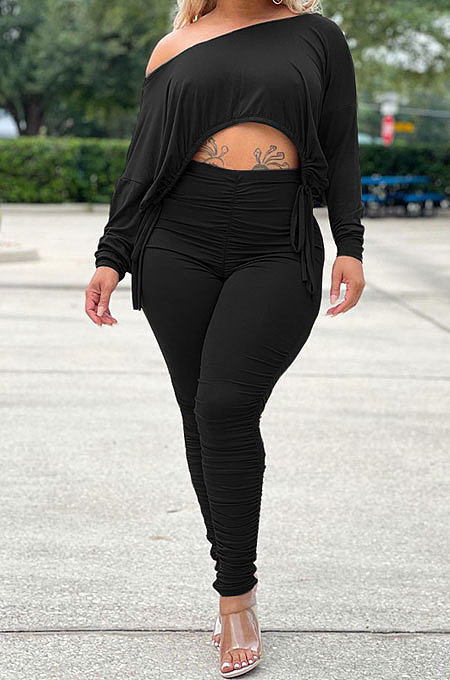 Black Wholesale Casual Long Sleeve Oblique Shoulder Loose Tops High Waist Ruffle Bodycon Pants Solid Color Sets QSS51051-2