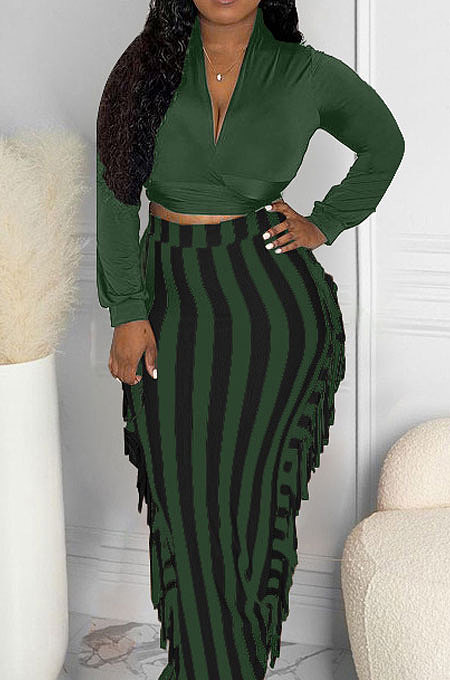 Olive Green New Casual Long Sleeve Deep V Neck Crop Tops Cute Tassel  Hip Skirts Sets S66316-4
