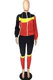 Black Red Winter Mulitucolor Spliced Long Sleeve Zip Front Hoodie Trousers Sports Sets LMM8290-2