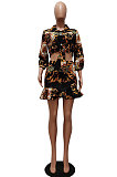 White Autumn Design Printing Three Quarter Sleeve Lapel Neck Shirts Mini Skirts Sets CM2157-1