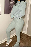Light Grey Cotton Blend Pure Color Long Sleeve Hoodie Bodycon Slit Trousers Sports Sets LMM8287-2