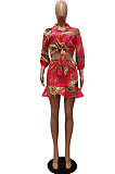 White Autumn Design Printing Three Quarter Sleeve Lapel Neck Shirts Mini Skirts Sets CM2157-1