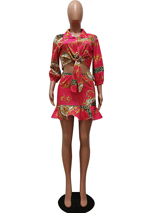 White Autumn Design Printing Three Quarter Sleeve Lapel Neck Shirts Mini Skirts Sets CM2157-1