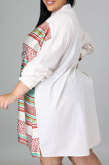 Red White Color Matching Autumn Winter Simple Positioning Printing Long Sleeve Loose Shirt Dress LWW9321-1