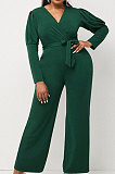 Green Wholesale Cotton Blend Pure Color Long Sleeve V Neck Collect Waist Wide Leg Jumpsuits LWW9322-3