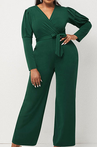 Green Wholesale Cotton Blend Pure Color Long Sleeve V Neck Collect Waist Wide Leg Jumpsuits LWW9322-3