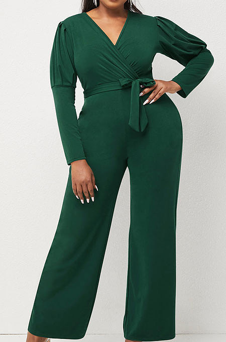 Green Wholesale Cotton Blend Pure Color Long Sleeve V Neck Collect Waist Wide Leg Jumpsuits LWW9322-3
