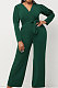 Green Wholesale Cotton Blend Pure Color Long Sleeve V Neck Collect Waist Wide Leg Jumpsuits LWW9322-3