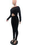 Army Green Wholesale Casual Long Sleeve Oblique Shoulder Loose Tops High Waist Ruffle Bodycon Pants Solid Color Sets QSS51051-1