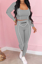 Grey Fashion Stripe Spliced Long Sleeve Square Neck Bodycon Tops Pencli Pants Sets MD383-5