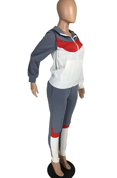 Orange Black Winter Mulitucolor Spliced Long Sleeve Zip Front Hoodie Trousers Sports Sets LMM8290-1