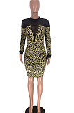 Camouflage Mesh See-Through Spliced Long Sleeve Collect Waist Bodycon Dress LMM8284-2