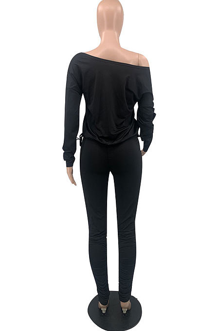 Wine Red Wholesale Casual Long Sleeve Oblique Shoulder Loose Tops High Waist Ruffle Bodycon Pants Solid Color Sets QSS51051-3