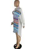 Blue White Color Matching Autumn Winter Simple Positioning Printing Long Sleeve Loose Shirt Dress LWW9321-2