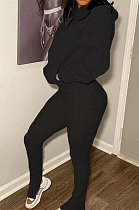 Black Cotton Blend Pure Color Long Sleeve Hoodie Bodycon Slit Trousers Sports Sets LMM8287-3