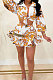 White Autumn Design Printing Three Quarter Sleeve Lapel Neck Shirts Mini Skirts Sets CM2157-1