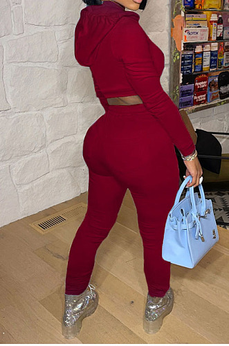 Purplish Red Casual Winter Pure Color Long Sleeve Hoodie Trousers Sports Sets LMM8286-1