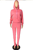 Pink Cotton Blend Pure Color Long Sleeve Hoodie Bodycon Slit Trousers Sports Sets LMM8287-1