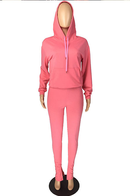 Pink Cotton Blend Pure Color Long Sleeve Hoodie Bodycon Slit Trousers Sports Sets LMM8287-1