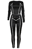 Blue Fashion Stripe Spliced Long Sleeve Square Neck Bodycon Tops Pencli Pants Sets MD383-4